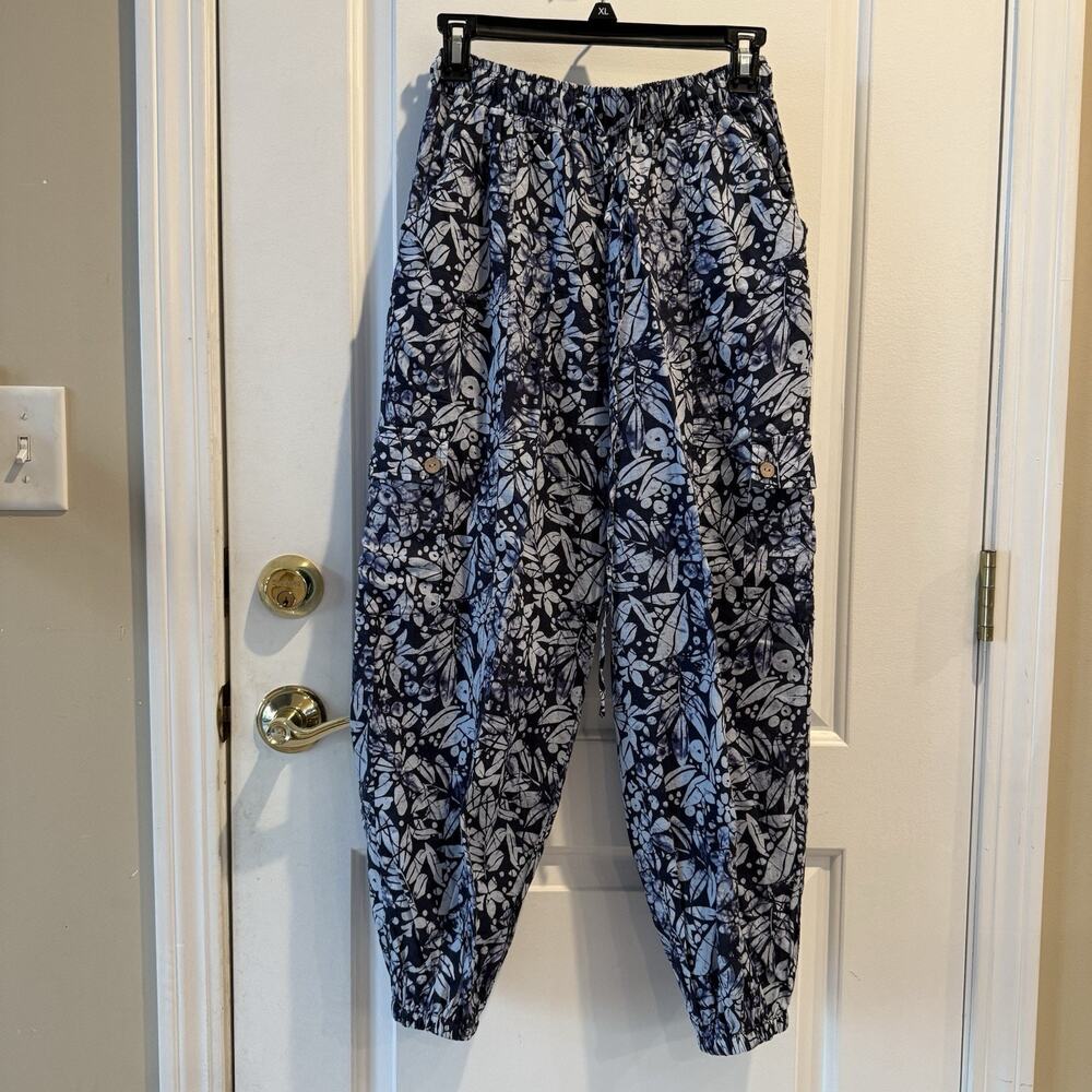 Christian Siriano Linen Blend Joggers Cargo Pockets Blue White Pull on Size S